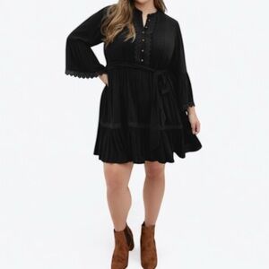 City Chic Black Boho Mini Dress Lace Trim Bell Sleeve Tie Waist NWT Plus Size 22